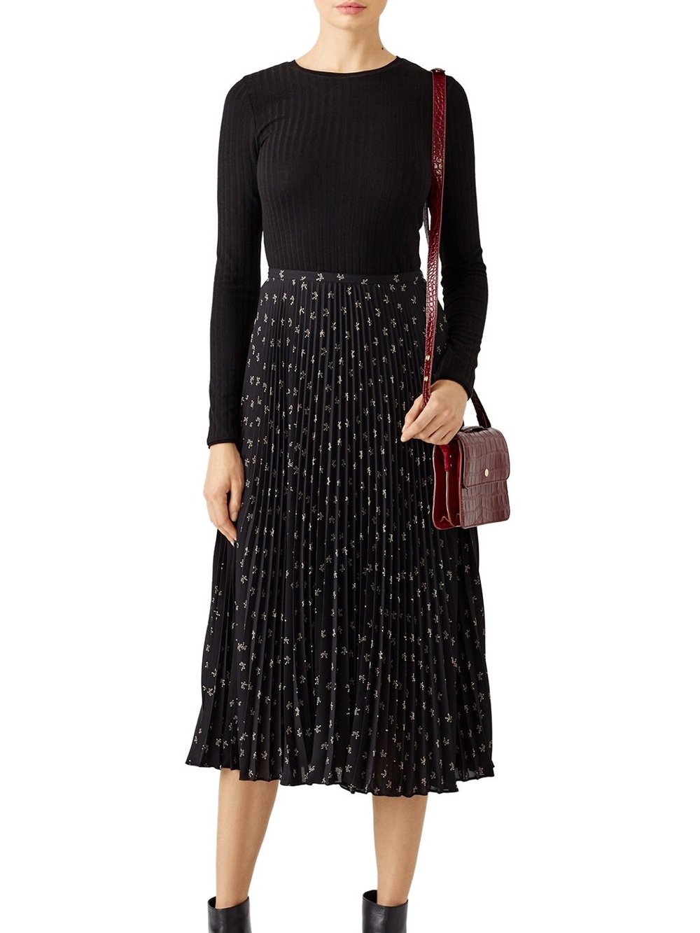 Vince Black Ditsy Floral Pleated Midi Skirt Size 6